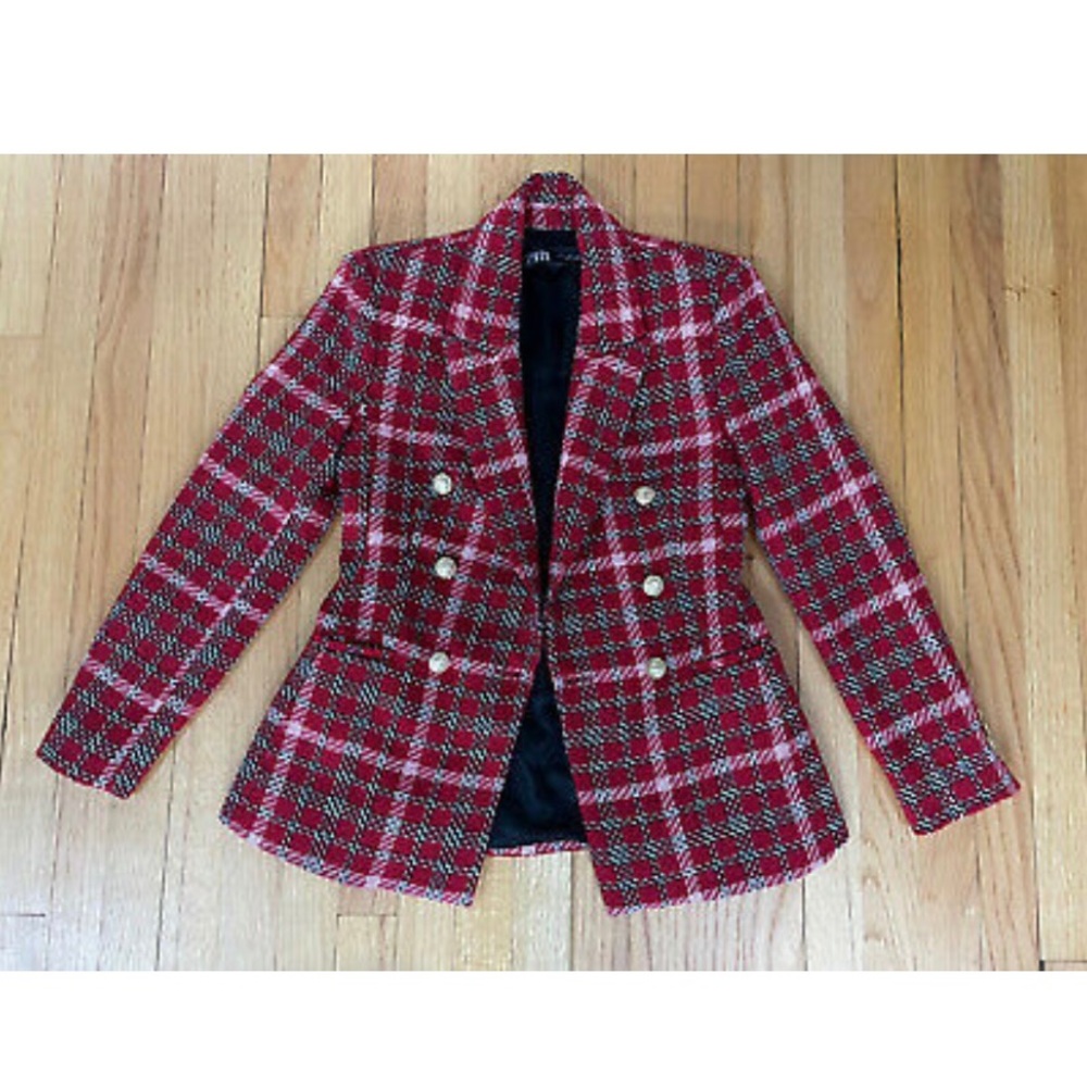 Zara Red And Black Plaid Blazer